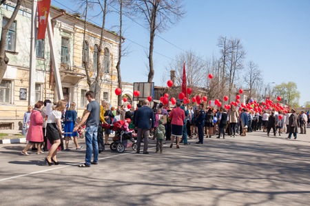 RUSSIA ROSTOV CITY  MAY 9: Unidentified people walk on Victory day parade dedicated 70 anniversary of WWII end on May 9 2015 in Yaroslavl region Rostov the Great city Russiaのeditorial素材