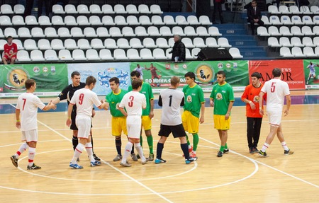 MOSCOW - DECEMBER 13: Unidentified players of Azerbaijan team and CFIKS team on Minifootball tournament in memoriam Tofik Bahramov on  December 13, 2014, in Krilatskoe stadium, Moscow, Russiaのeditorial素材