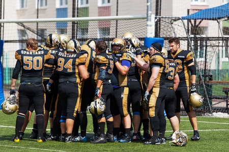 RUSSIA, TROITSK CITY - JULY 11:  Unidentified players of Spartans team just before Russian american football Championship game Spartans vs Raiders 52 on July 11, 2015, in Moscow region, Troitsk city, Russiaのeditorial素材