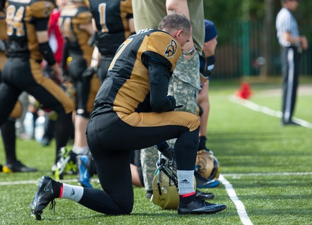 RUSSIA, TROITSK CITY - JULY 11:  A. Nikiforov (7) in action on Russian american football Championship game Spartans vs Raiders 52 on July 11, 2015, in Moscow region, Troitsk city, Russiaのeditorial素材