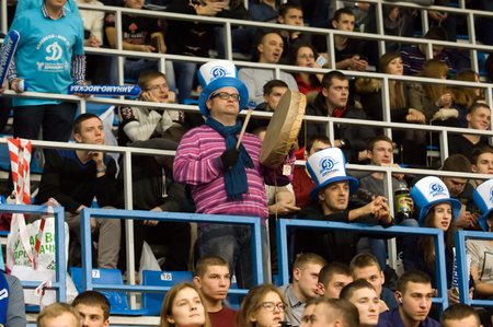 MOSCOW - DECEMBER 2: Unidentified fan of Dynamo team with drum on a game Dynamo MSK vs Dynamo KZN on Russian National wemen Volleyball tournament on December 2, in Moscow, Russia, 2015のeditorial素材