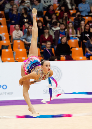 MOSCOW, RUSSIA - FEBRUARY 20, 2016: Veronika Pronchenko, Lituania, on Rhythmic gymnastics Alina Cup Grand Prix Moscow - 2016 on February 20, 2016, in Moscow, Russiaのeditorial素材