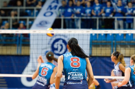 MOSCOW - DECEMBER 2: N. Obmochaeva (8) in action on a game Dynamo MSK vs Dynamo KZN on Russian National wemen Volleyball tournament on December 2, in Moscow, Russia, 2015のeditorial素材