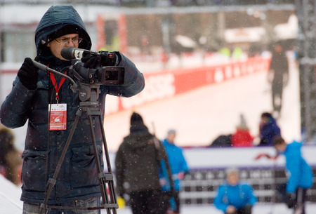 MOSCOW - JANUARY 17, 2016: Unidentified cameraman shooting on Russian Curling Champions Tour Moscow...