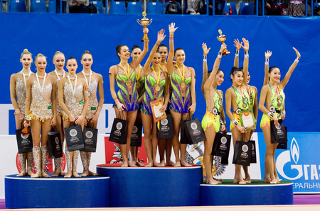 MOSCOW, RUSSIA - FEBRUARY 20, 2016: Unidentified junior gymnasts on podium on Rhythmic gymnastics Alina Cup Grand Prix Moscow - 2016 on February 20, 2016, in Moscow, Russiaのeditorial素材