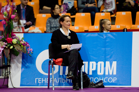MOSCOW, RUSSIA - FEBRUARY 20, 2016: Unidentified arbiter wait on Rhythmic gymnastics Alina Cup Grand Prix Moscow - 2016 on February 20, 2016, in Moscow, Russiaのeditorial素材