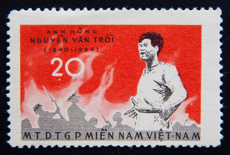 MOSCOW RUSSIA - NOVEMBER 25, 2012: A stamp printed in Vietnam shows a portrait of Nguyen Van Troy. Circa 1964のeditorial素材