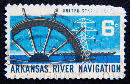 MOSCOW RUSSIA - NOVEMBER 25, 2012: A postage stamp printed in United States shows boats on the Arkansas River as part of the inland waterway navigation system on Oklahoma, Arkansas and Mississippi Rivers, circa 1968のeditorial素材