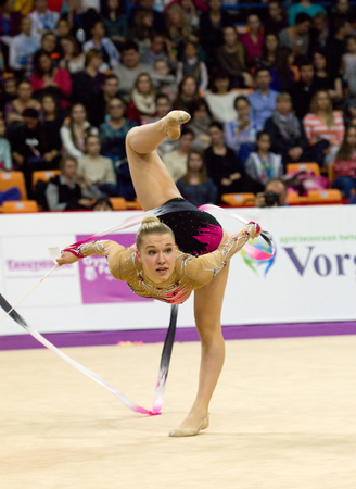 MOSCOW, RUSSIA - FEBRUARY 20, 2016: Josefine Olsson, ribbon, Sweden, on Rhythmic gymnastics Alina Cup Grand Prix Moscow - 2016 on February 20, 2016, in Moscow, Russiaのeditorial素材