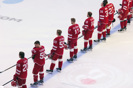 PODOLSK - OCTOBER 30, 2016: Vityaz team on himn just before hockey game Vityaz vs Dynamo Minsk on Russia KHL championship on October 30, 2016, in Podolsk, Russia. Vityaz won 9:6のeditorial素材