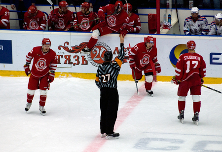 PODOLSK, RUSSIA - NOVEMBER 30, 2016: Referee D. Naumov (27) gesture on hockey game Vityaz vs SKA on Russia KHL championship on November 11, 2016, in Podolsk, Russia. SKA won 4:0のeditorial素材