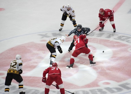 PODOLSK, RUSSIA - NOVEMBER 13, 2016: I. Magogin (48) and Y. Koksharov (27) on faceoff on hockey game Vityaz vs Severstal on Russia KHL championship on November 13, 2016, in Podolsk, Russia. Vityaz won 4:0のeditorial素材