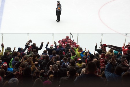 PODOLSK, RUSSIA - NOVEMBER 13, 2016: Fans and Vityaz team rejoice of a score on hockey game Vityaz vs Severstal on Russia KHL championship on November 13, 2016, in Podolsk, Russia. Vityaz won 4:0のeditorial素材
