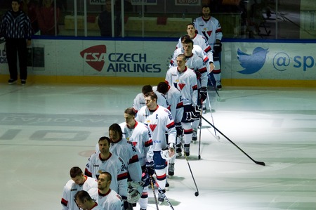 MOSCOW, RUSSIA - NOVEMBER 26, 2016: Slovan team on ice on hockey game Spartak vs Slovan on Russian KHL premier hockey league Championship in Luzhniki sport arena, Moscow, Russia. Spartak won 4:2のeditorial素材