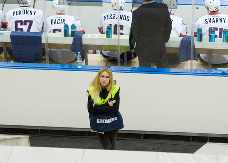 MOSCOW, RUSSIA - NOVEMBER 26, 2016: on hockey game Spartak vs Slovan on Russian KHL premier hockey league Championship in Luzhniki sport arena, Moscow, Russia. Spartak won 4:2のeditorial素材