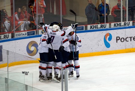MOSCOW, RUSSIA - NOVEMBER 26, 2016: Slovan team rejoice of a score on hockey game Spartak vs Slovan on Russian KHL premier hockey league Championship in Luzhniki sport arena, Moscow, Russia. Spartak won 4:2のeditorial素材
