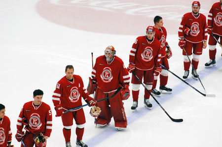 PODOLSK, RUSSIA - DECEMBER 4, 2016: Vityaz team on himn on hockey game Vityaz vs Ugra on Russia KHL championship on December 4, 2016, in Podolsk, Russia. Ugra won 3:2のeditorial素材