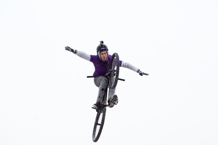 MOSCOW, RUSSIA - DECEMBER 10, 2016: Unidentified rider jump on bike trampoline on Winter game season opening event on December 10, 2016のeditorial素材