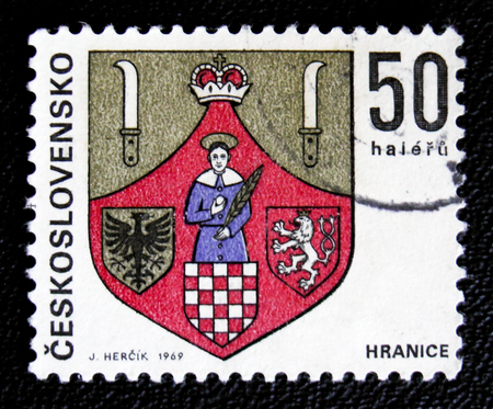 MOSCOW, RUSSIA - JANUARY 7, 2017: A stamp printed in Czechoslovakia shows Coat of arms of Hranice city, circa 1975のeditorial素材
