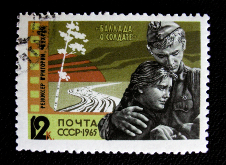 MOSCOW, RUSSIA - JANUARY 7, 2017: A stamp printed in USSR shows a scene from Ballad of a soldier film (1959), circa 1965のeditorial素材