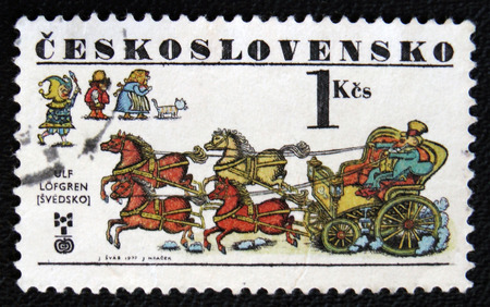 MOSCOW, RUSSIA - JANUARY 7, 2017: A stamp printed in CZECHOSLOVAKIA, the series "The 6th Biennial Exhibition of Children's Book Illustrators, Bratislava", circa 1977のeditorial素材