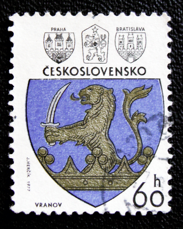 MOSCOW, RUSSIA - JANUARY 7, 2017: A stamp printed in Czechoslovakia shows Coat of arms of Vranov city, circa 1975のeditorial素材