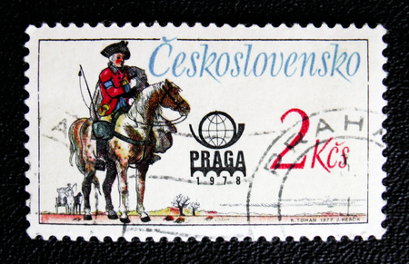 MOSCOW, RUSSIA - JANUARY 7, 2017: A stamp printed in Czechoslovakia shows Postal rider on horse, circa 1978のeditorial素材