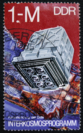 MOSCOW, RUSSIA - JANUARY 7, 2017: A stamp printed in DDR, devoted to Intercosmos cooperation...