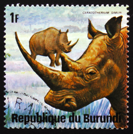 MOSCOW, RUSSIA - FEBRUARY 19, 2017: A stamp printed by Burundi shows Rhino Ceratotherium simun, series Animals Burundi, circa 1975のeditorial素材