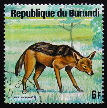 MOSCOW, RUSSIA - FEBRUARY 19, 2017: A stamp printed by Burundi shows Black-backed jackal Canis mesomelas, series Animals Burundi, circa 1975のeditorial素材