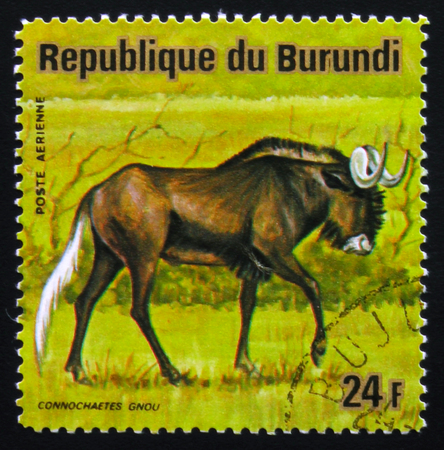 MOSCOW, RUSSIA - FEBRUARY 19, 2017: A stamp printed by Burundi shows black wildebeest or white-tailed gnu (Connochaetes gnou), series Animals Burundi, circa 1975のeditorial素材