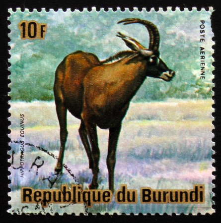 MOSCOW, RUSSIA - FEBRUARY 19, 2017: A stamp printed by Burundi shows Antelope roan (Hippotragus equinus), series Animals Burundi, circa 1975のeditorial素材