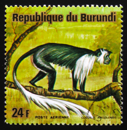 MOSCOW, RUSSIA - FEBRUARY 19, 2017: A stamp printed by Burundi shows monkey Angola colobus, Angolan black-and-white colobus, or Angolan colobus (Colobus angolensis), series Animals Burundi, circa 1975のeditorial素材