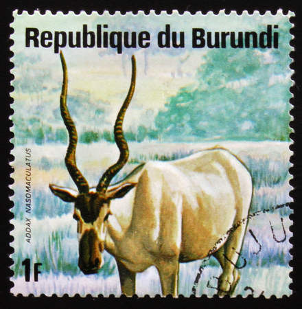 MOSCOW, RUSSIA - FEBRUARY 19, 2017: A stamp printed by Burundi shows antelope addax (Addax nasomaculatus), or screwhorn antelope, series Animals Burundi, circa 1975のeditorial素材