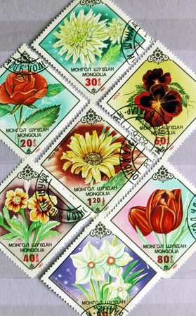 MOSCOW, RUSSIA - FEBRUARY 19, 2017: A post stamps in album stamp printed by Mongolia shows a Garden flowers serie, circa 1983のeditorial素材