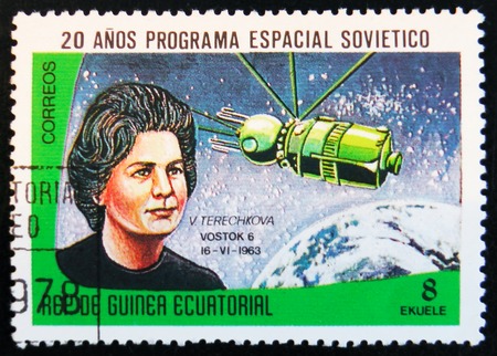 MOSCOW, RUSSIA - APRIL 2, 2017: A stamp printed in Guinea Equatorial shows Vostok 6 spaceship, 1962, and portrait of astronaut V. Tereshkova, circa 1978のeditorial素材