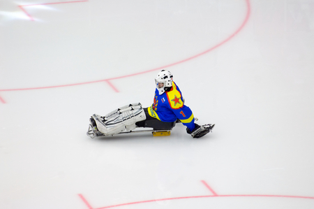 PODOLSK, RUSSIA - JANUARY 14, 2017: Unidentified goalkeeper of Ladoga team of Sledge hockey during game Vityaz vs AKBars on Russia KHL championship on January 14, 2017のeditorial素材