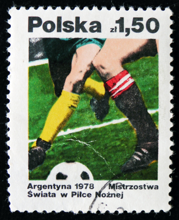 MOSCOW, RUSSIA - APRIL 2, 2017: A post stamp printed in Poland and dedicated to the victory of Argentina team in World Football Cup, circa 1978のeditorial素材