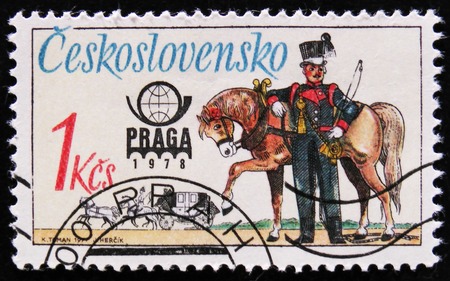 MOSCOW, RUSSIA - APRIL 2, 2017: A post stamp printed in Czechoslovakia shows coachman and horse, circa 1978のeditorial素材