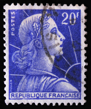 MOSCOW, RUSSIA - APRIL 2, 2017: A post stamp printed in France shows Marianne (Louis-Charles Muller), emblem of France, circa 1955のeditorial素材