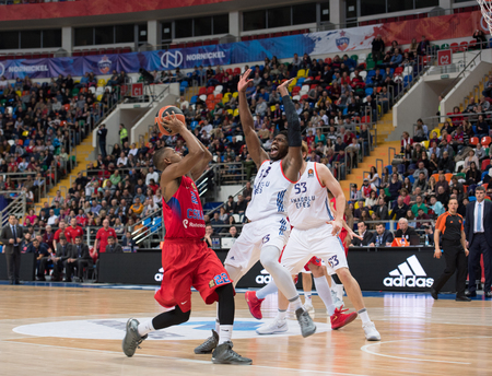 MOSCOW, RUSSIA - JANUARY 27, 2017: Cory Higgins (22) attack on basketball game CSKA vs Anadolu Efes on Regular championship of Euroleague on January 27, 2017, in Moscow, Russia. CSKA won 80:77のeditorial素材