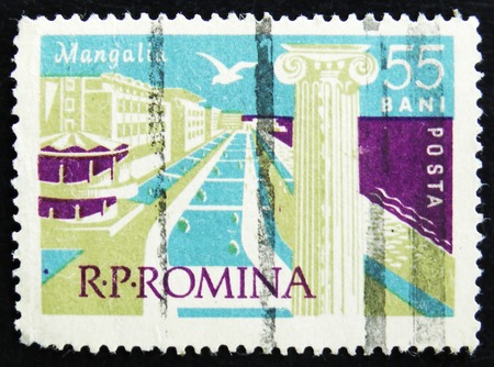 MOSCOW, RUSSIA - APRIL 2, 2017: A post stamp printed in Romania shows Mangalia Beach, Black Sea Resort, circa 1960のeditorial素材