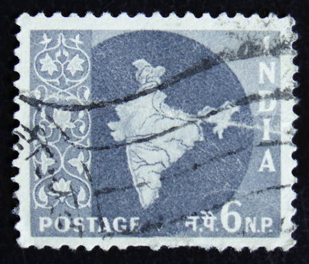 MOSCOW, RUSSIA - APRIL 2, 2017: A Six pies post stamp printed in India shows map of India, circa 1957のeditorial素材