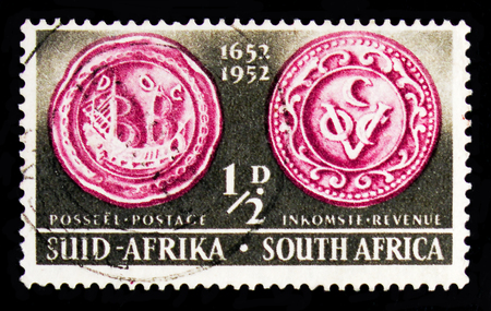 MOSCOW, RUSSIA - OCTOBER 1, 2017: A stamp printed in South Africa shows Seal, 
Landing of Jan van Riebeeck serie, circa 1952のeditorial素材