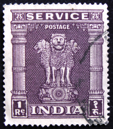 MOSCOW, RUSSIA - APRIL 2, 2017: A post stamp printed in India shows Indian lions capital of Ashoka Pillar, circa 1958のeditorial素材