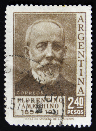 MOSCOW, RUSSIA - APRIL 2, 2017: A post stamp printed in Argentina shows shows Florentino Ameghino, Anthropologist, circa 1956のeditorial素材