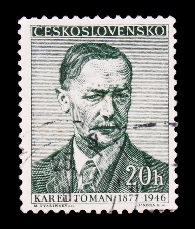 MOSCOW, RUSSIA - JUNE 20, 2017: A stamp printed in Czechoslovakia shows portrait of the Czech poet Karel Toman (1877-1946), circa 1957のeditorial素材