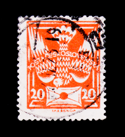 MOSCOW, RUSSIA - JUNE 20, 2017: A stamp printed in Czechoslovakia shows carrier pigeon with letter, circa 1920のeditorial素材