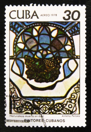 MOSCOW, RUSSIA - JULY 15, 2017: A stamp printed in Cuba shows a picture of artist Amelia Pelaez " Still life with blue ", circa 1978のeditorial素材