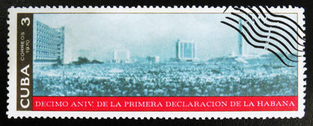 MOSCOW, RUSSIA - JULY 15, 2017: A stamp printed in Cuba dedicated to 10th anniversary of the first declaration of Havana, circa 1970のeditorial素材